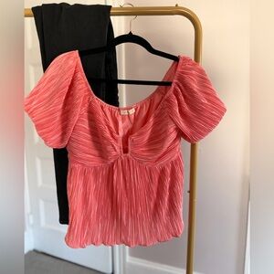 Coral Pleated Puff Sleeve Blouse | Size M | Textured Babydoll Top